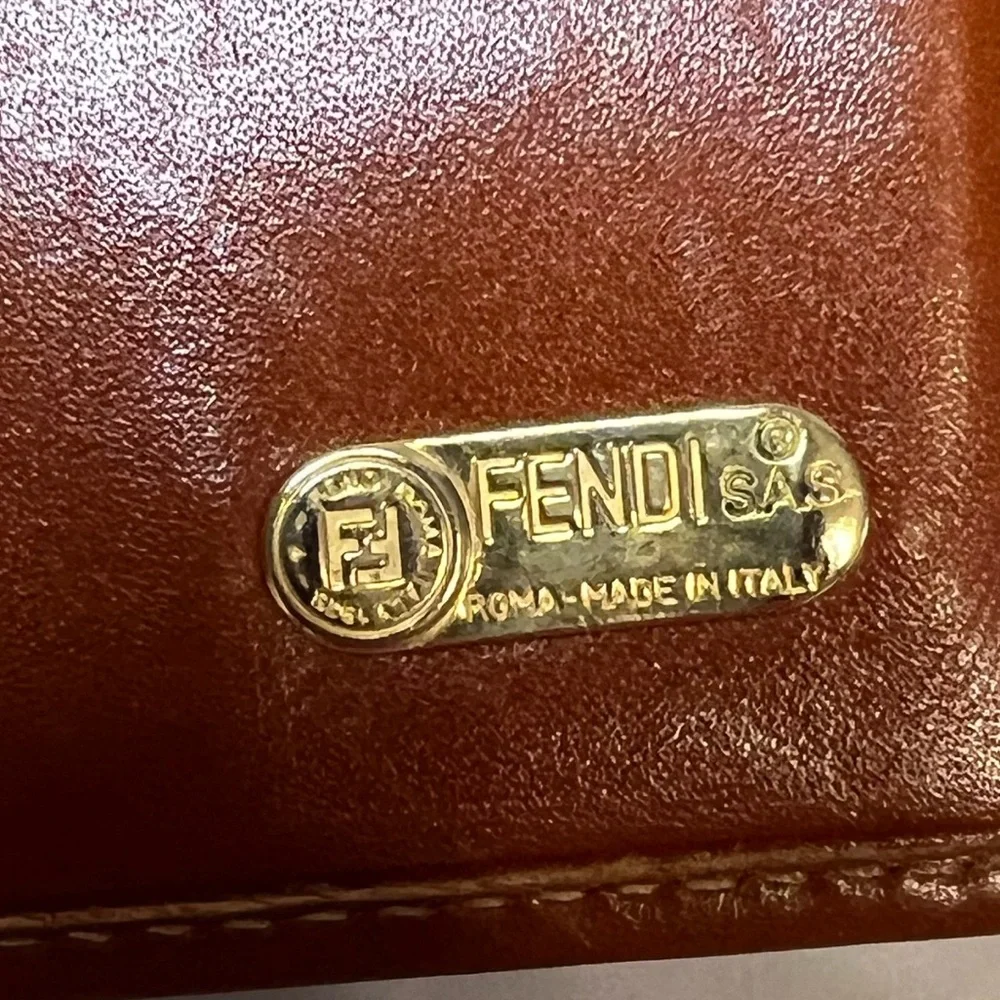 FENDI Pequin Patterned‎ Bifold Wallet Brown/Black PVC & Cognac Leather